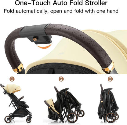 Gromast Gravity Opvouwbare babybuggy met verstelbare rugleuning en zonnedak, lichtgewicht en uv-bescherming, met één hand automatisch inklapbaar, beige