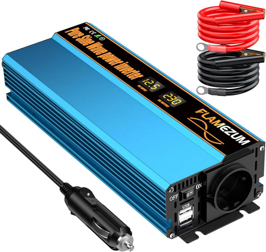 SUDOKEJI Spanningsomvormer 12 V naar 230 V, zuivere sinusomvormer 1000 W met EU-stekker, maximaal vermogen 2000 W voor auto's en kamperen.