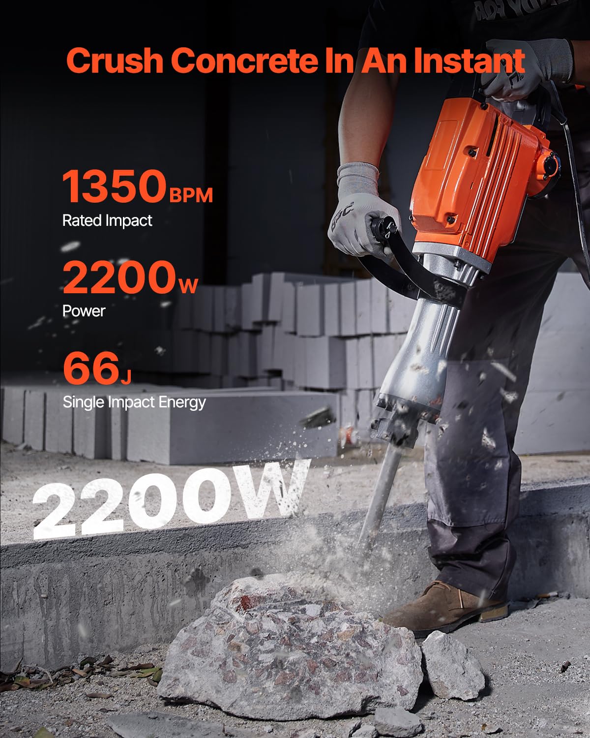 VEVOR Powerful concrete breaker 2200 W, 1-1/8 inch / 28.6 mm electric bridge hammer, drill hammer concrete hammer 1400 BPM, incl. point sizes, flat blades, for sliding, concrete, etc