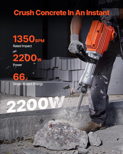 VEVOR Powerful concrete breaker 2200 W, 1-1/8 inch / 28.6 mm electric bridge hammer, drill hammer concrete hammer 1400 BPM, incl. point sizes, flat blades, for sliding, concrete, etc