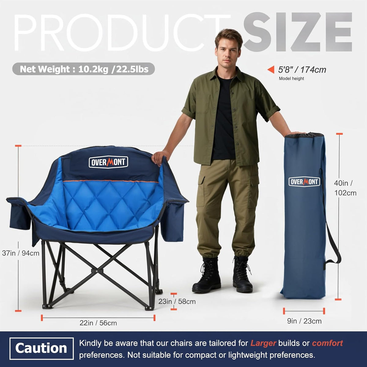 OVERMONT Extra grote inklapbare campingstoel, campingsofa, belastbaar tot 204 kg, opvouwbare campingstoel, gevoerd met bekerhouder, koeltas, hoge rugleuning, voor outdoor, indoor, camping, tuin, blauw