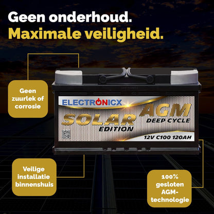 Electronicx AGM boordaccu 120Ah 12V – Deep Cycle Solar Edition – 12V C100 zonne-energie accu met AGM-technologie – 353x175x190mm – onderhoudsvrij – voor camper, boot, fotovoltaïsch 120 Ah