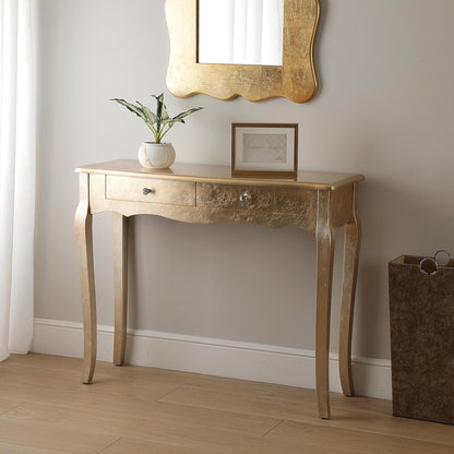 Versa Vivienne entreemeubel, smal, voor hal, consoletafel, met 2 laden, afmetingen (H x B x D) 80 x 35 x 105 cm, hout, goudkleurig