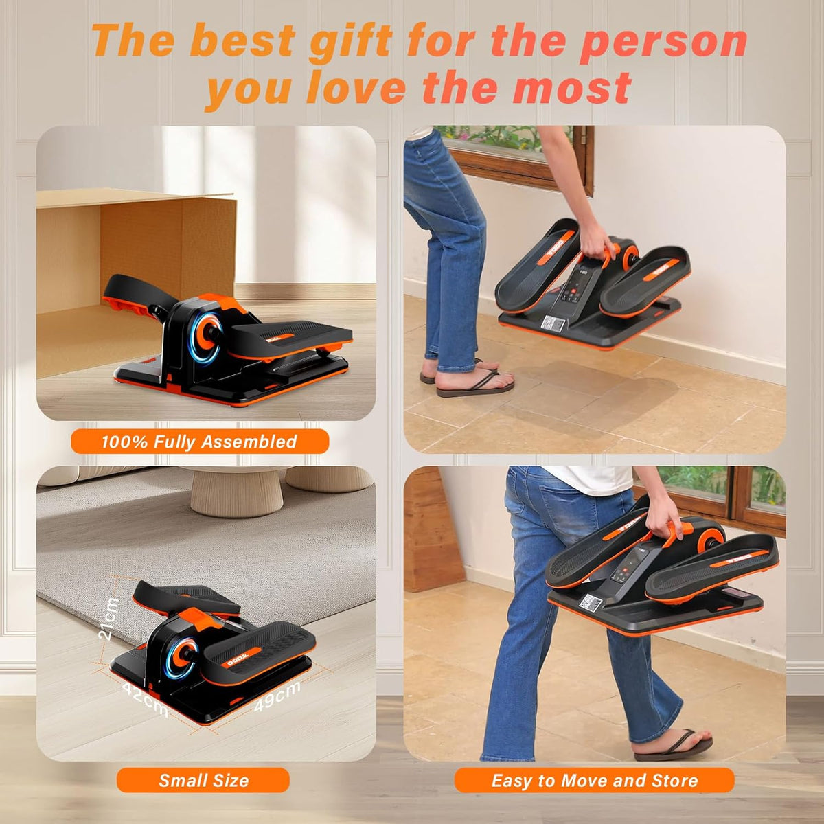 Elliptische Trainer – Crosstrainer – Mini Hometrainer – Fietstrainer – Pedaltrainer – Oranje Variant – 7 Weerstanden – 12 Snelheden Met App & Afstandsbediening - QUORE