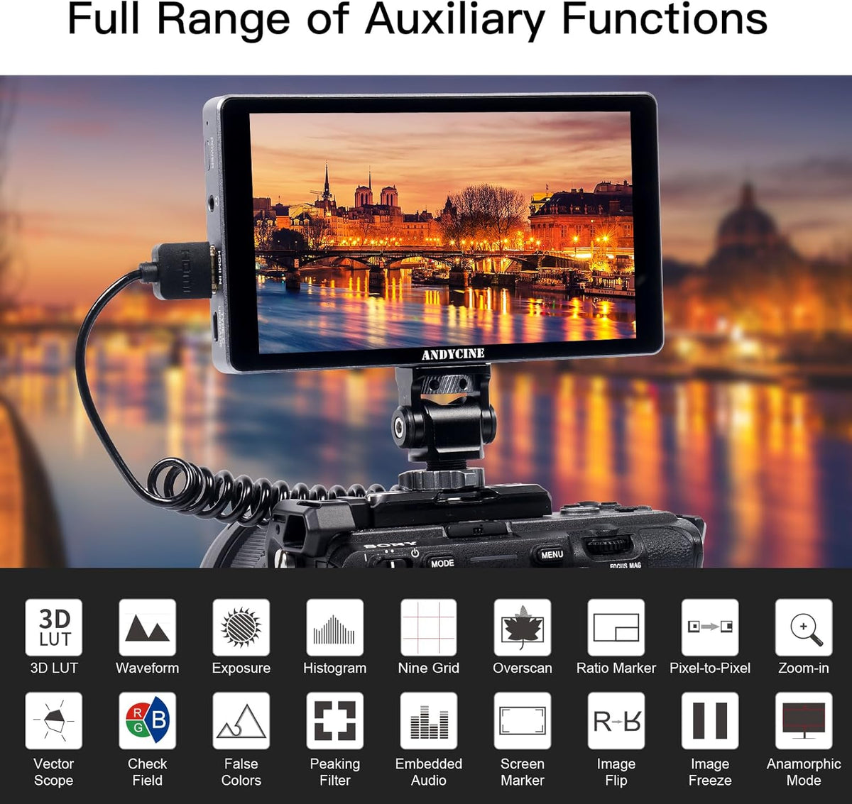 ANDYCINE X5L 6 Inch Touch Screen Camera Field Monitor, 1200 Nits CNC Camera Monitor, Built-in 3000mAh Battery, Ultralight 4K HDMI Input/Output, Full HD 1920 x 1080P, 3D LUT Monitor for Camera - QUORE