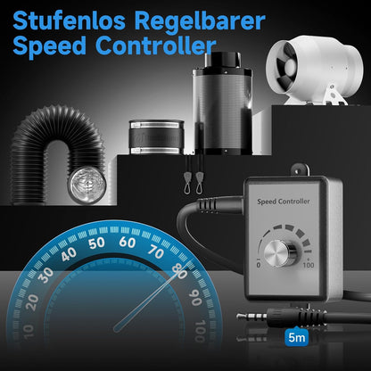 Afvoerluchtset – Ventilatieset – Buisventilator – Koolstoffilterset – Afzuigset – 100 mm Met Toerentalregelaar – EC-Motor – Tot 360 m³/u
