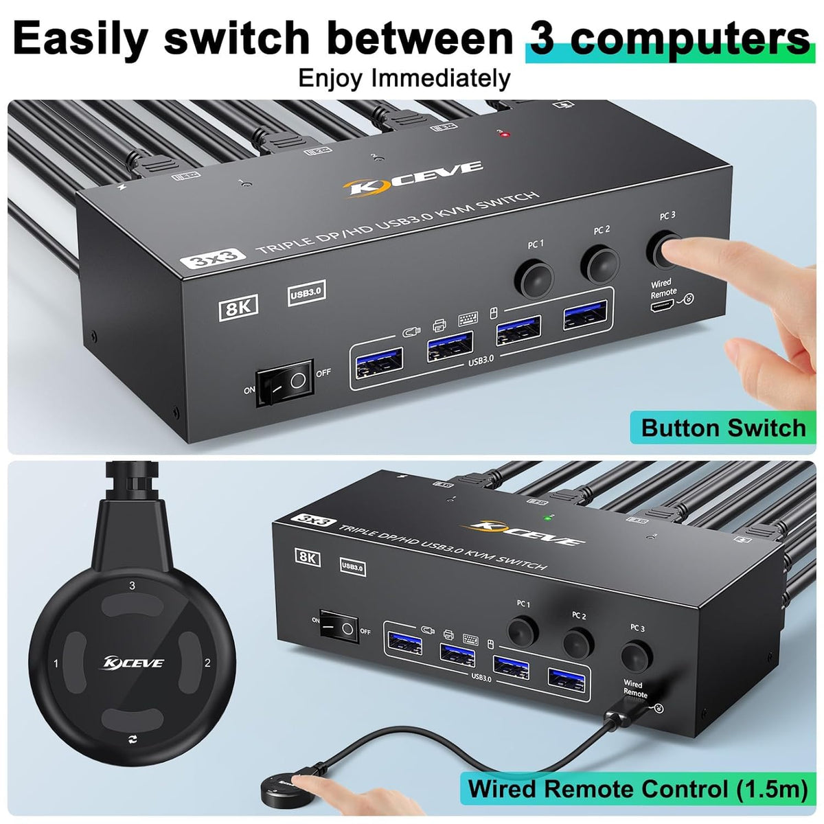 USB 3.0 KVM Switch 3 PC 3 Monitoren 8K@60Hz 4K@144Hz, HDMI+2 DisplayPort MLEEDA KVM Switch 3 Monitor Voor 3 PC Share 3 Monitoren en 4 USB 3.0 Apparaten met 12 V Voeding, Kabelcontroller, 3 * USB Kable