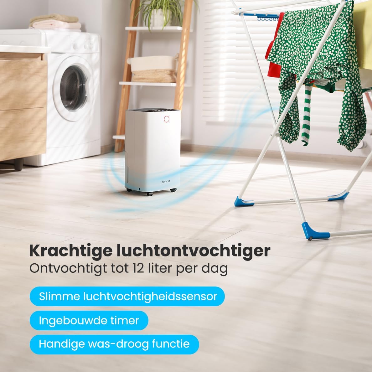 Luchtontvochtiger – Ontvochtiger – Vochtvreter – Air Dryer – Vochtabsorbeerder – Compact – Verwijdert 12L Vocht Per Dag – Was-Droogfunctie Voor Snelle Wasdroging