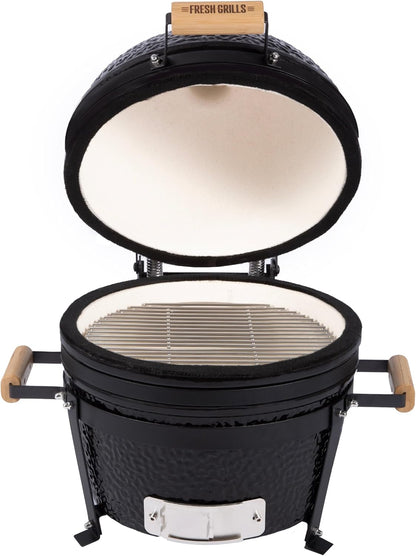 Fresh Grills Kamado BBQ 16 Inch Black Ceramic Mini Oven Barbecue Grill Egg Charcoal Smoker Grate Baking Portable Built-in Thermometer Top and Bottom Air Flow System Outdoor Cooking Camping - QUORE