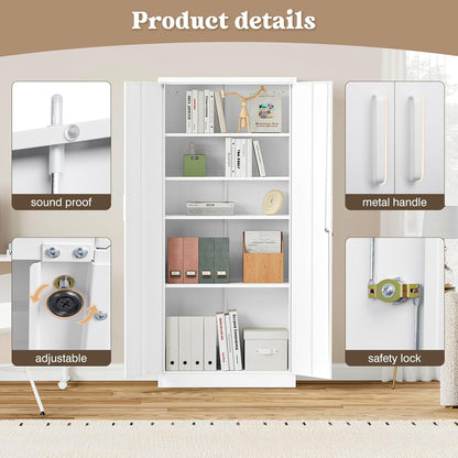 Steel Storage Cabinet, Steel Filing Cabinet with Lock, 4 Adjustable Shelves, Double Doors, Multifunctional Tool Cabinet for Study Room, Garage, White
