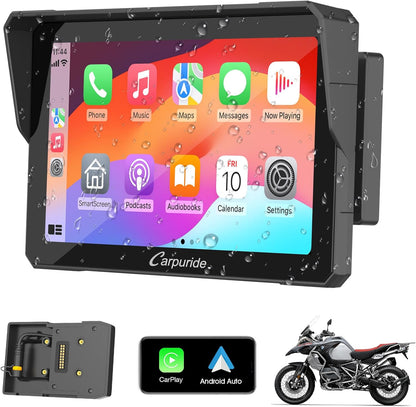 Carpuride W702B motorfiets GPS Carplay scherm met designhouder voor BMW motorfietsen, draadloze CarPlay en Android auto, draagbaar waterdicht 7 inch touchscreen, Bluetooth Trans, navigatie, Siri.