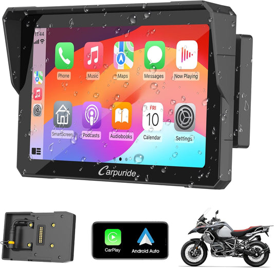Carpuride W702B motorfiets GPS Carplay scherm met designhouder voor BMW motorfietsen, draadloze CarPlay en Android auto, draagbaar waterdicht 7 inch touchscreen, Bluetooth Trans, navigatie, Siri.