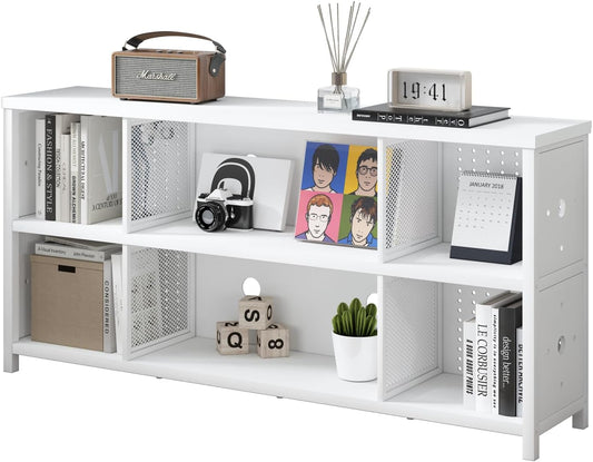 LVB Witte horizontale boekenkast, moderne boekenplank kubus opbergorganizer, boerderij brede grote houten metalen boekenplank, industriële lage lange kubusplank voor kantoor thuis slaapkamer
