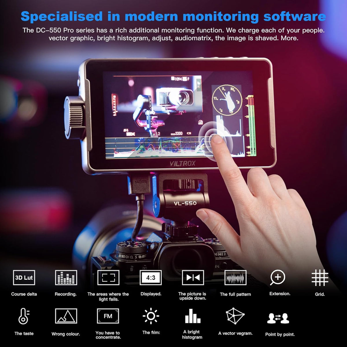 Viltrox DC-550 Pro 5,5 Inch Aanraakscherm Video-Monitor, On-Camera Uitvoer, Belichtings- en Focusassistent, Golfvorm 1200 Nits, 4K HDMI DSLR Externe Voor Sony, Canon