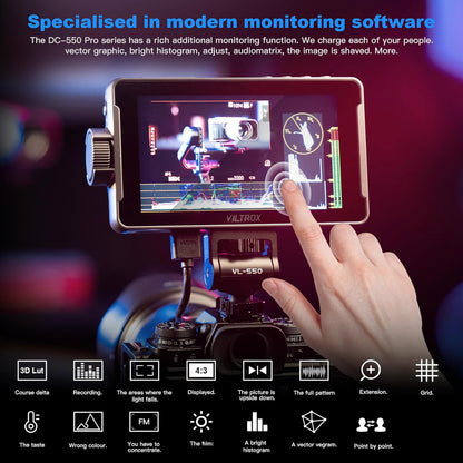Viltrox DC-550 Pro 5,5 Inch Aanraakscherm Video-Monitor, On-Camera Uitvoer, Belichtings- en Focusassistent, Golfvorm 1200 Nits, 4K HDMI DSLR Externe Voor Sony, Canon