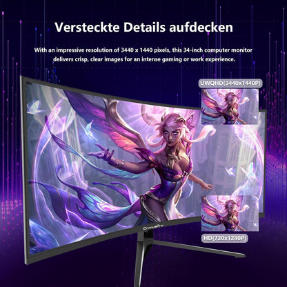34 inch Ultrabrede Gebogen Monitor, 165HZ Gamingcomputermonitor 1500R, 21:9 UWQHD (3440 x 1440) 1ms reactietijd, AMD FreeSync Premium, Displaypoort, HDMI 2.0