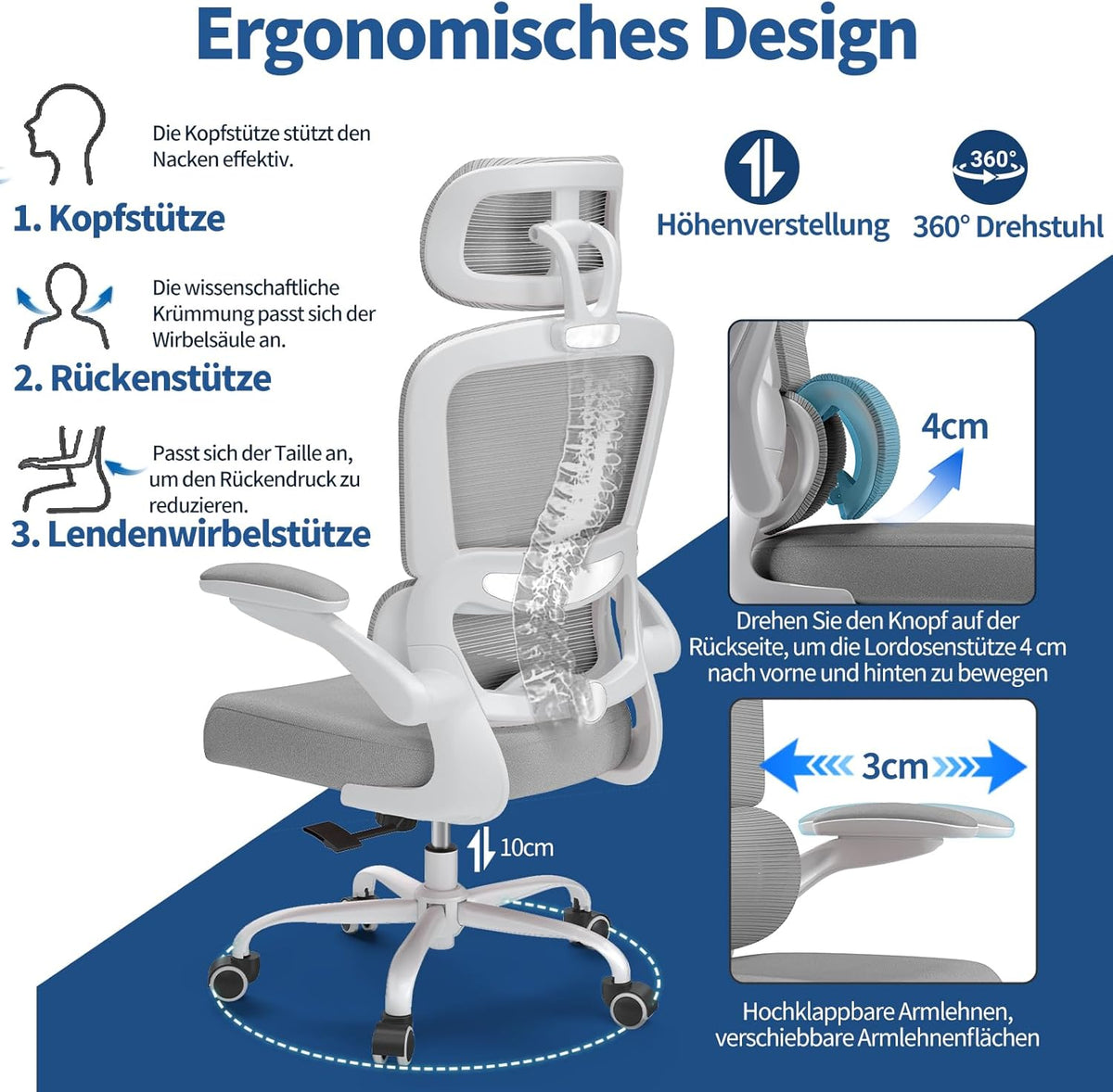 Bureaustoel – Ergonomische Stoel – Gamingstoel – Kantoorstoel – Computerstoel – Verstelbare Lendensteun & Hoofdsteun – Draaggewicht Tot 150 Kg – Geschikt Voor Grote Mensen – Grijs