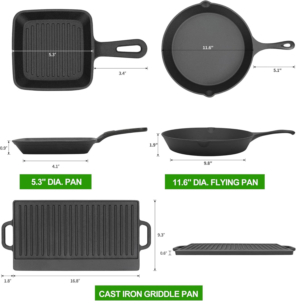 8 Piece Pre-Seasoned Dutch Oven Cooking Set Cast Iron Camping Kitchen Cookware Bakeware Frying Pans & Square Grill Pan w/ Vintage Carry Wooden Box for Ourdoor Home BBQ Baking - QUORE