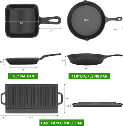 8 Piece Pre-Seasoned Dutch Oven Cooking Set Cast Iron Camping Kitchen Cookware Bakeware Frying Pans & Square Grill Pan w/ Vintage Carry Wooden Box for Ourdoor Home BBQ Baking - QUORE