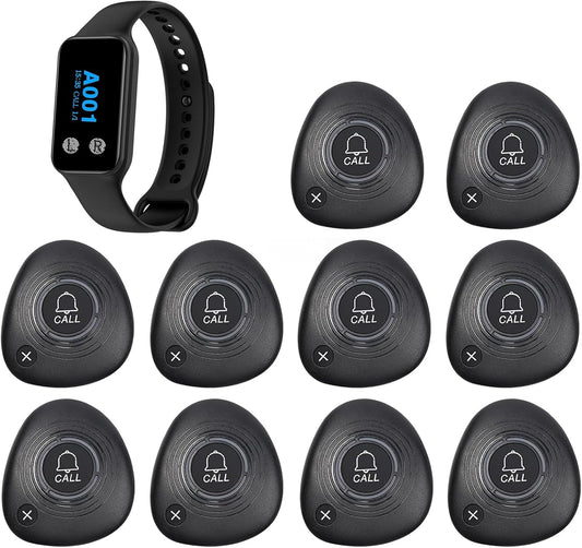 Draadloos Ober Oproepsysteem Restaurant Pager Systeem voor Kantoor Draadloze Pager Polsontvanger Oproepsysteem met 1 Waterdichte Horloge Pager en 10 Oproepknoppen (200E+M2)