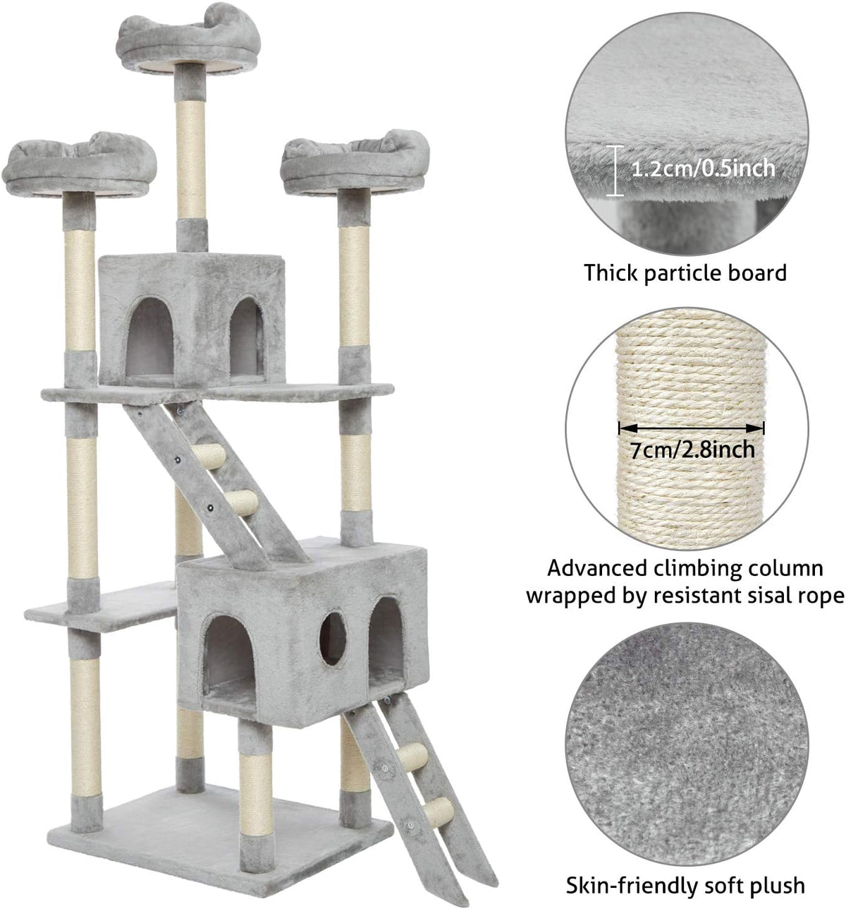 Kattenboom – Kattenkrabpaal – Kattentoren – Klimtoren – Grijs – 186 cm Hoog – Stabiele Verdikte Basis
