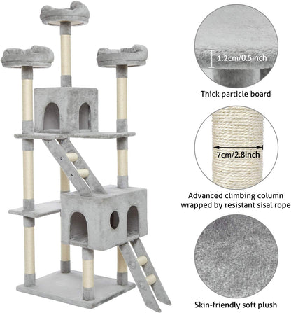 Kattenboom – Kattenkrabpaal – Kattentoren – Klimtoren – Grijs – 186 cm Hoog – Stabiele Verdikte Basis