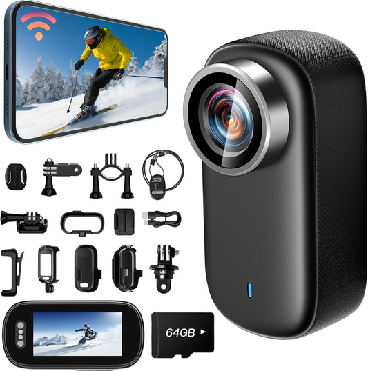 Mini Action Cam WiFi met scherm, 4K UHD en 150° groothoek, IP65 waterdichte bodycam 4K 64GB, draagbare anti-shake helmcamera motorfiets - ideaal voor sport en outdooractiviteiten