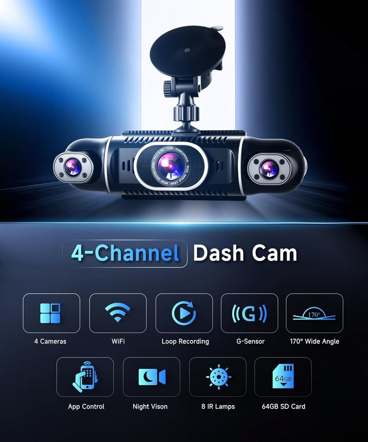 Dashcam 2K Car with WiFi, 4 1080P Dash Cams with 3 Inch IPS Display, Night Vision, Accelerometer, 360 Degree Protection, Supports 128G, G-Sensor - QUORE