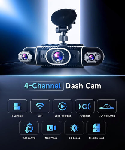 Dashcam 2K auto met wifi, 4 1080p dashcams met 3 inch IPS-display, nachtzicht, versnellingsmeter, 360 graden bescherming, ondersteunt 128G, G-sensor