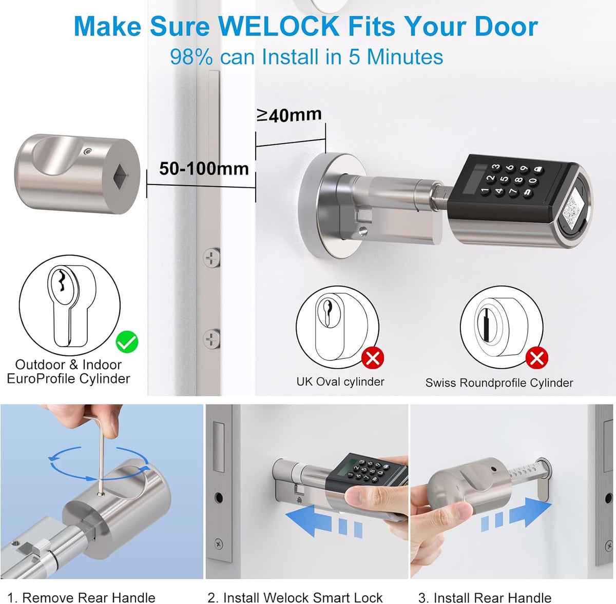 WELOCK PCB41 Elektronische deurcilinder, huisdeur met cijfercode, RFID-kaart, app, wifi, deurslot, code, verbinding voor 50-100 mm deur, IP65, eenvoudige installatie