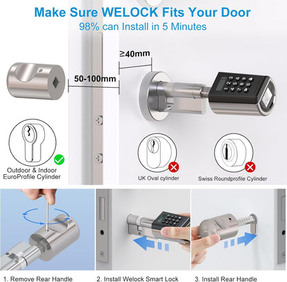 WELOCK PCB41 Elektronische deurcilinder, huisdeur met cijfercode, RFID-kaart, app, wifi, deurslot, code, verbinding voor 50-100 mm deur, IP65, eenvoudige installatie