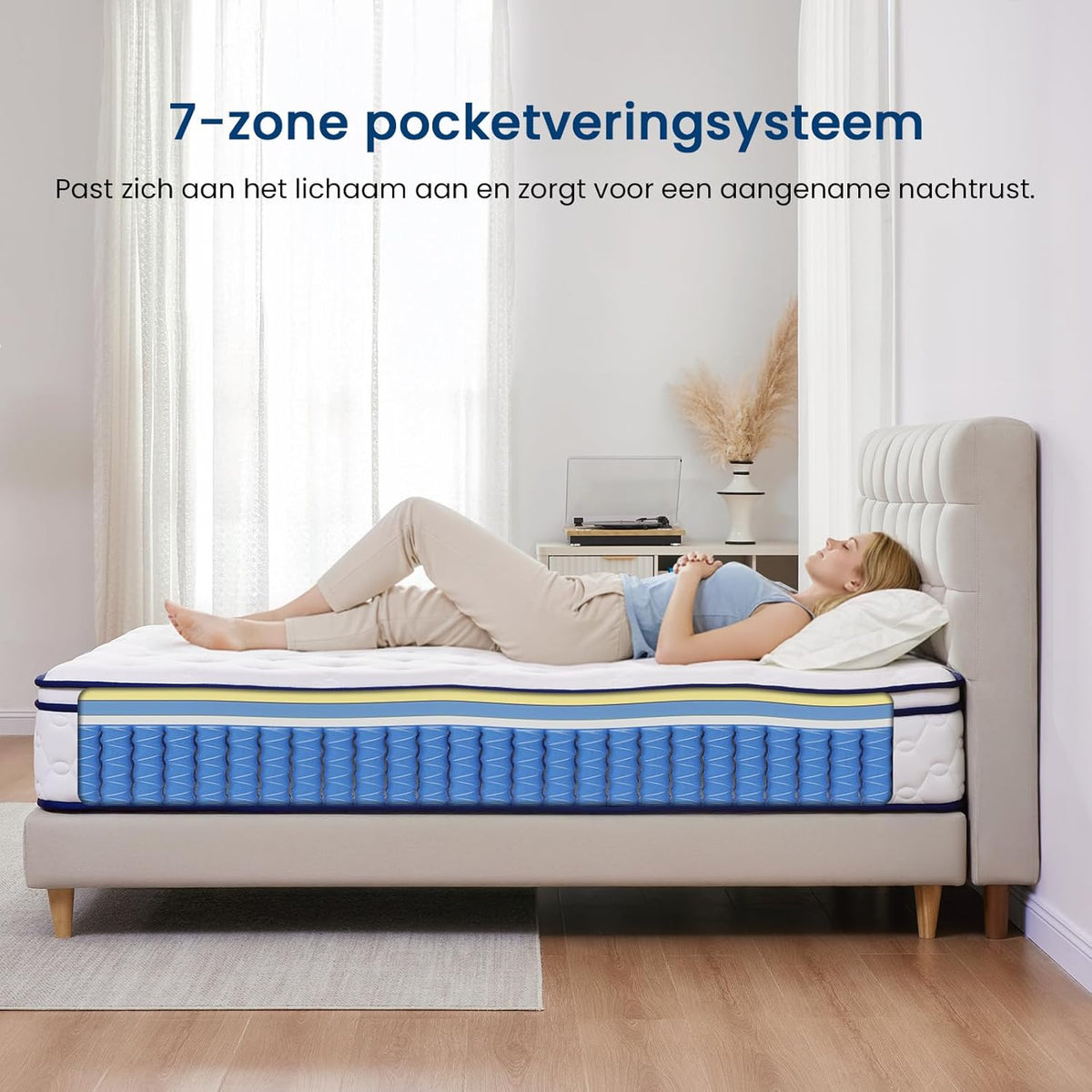 7-zones pocketveringmatras – orthopedisch matras – traagschuimmatras – binnenvering matras – H3 stevig matras – 160x200 cm – comfortschuim – Oeko-Tex gecertificeerd