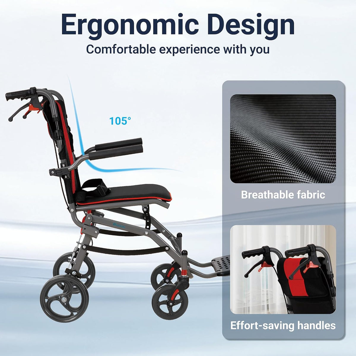 Rolstoel, opvouwbaar, licht, smalle transportrolstoel met verstelbare hoogte, ergonomische handgrepen en 360° wielen, geschikt voor woning en onderweg (Red)