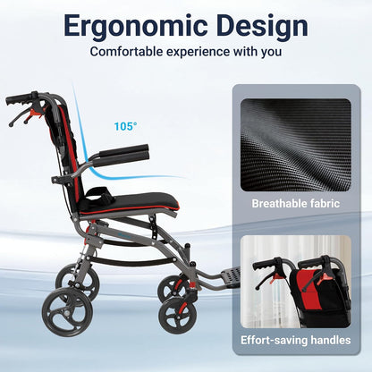Rolstoel, opvouwbaar, licht, smalle transportrolstoel met verstelbare hoogte, ergonomische handgrepen en 360° wielen, geschikt voor woning en onderweg (Red)