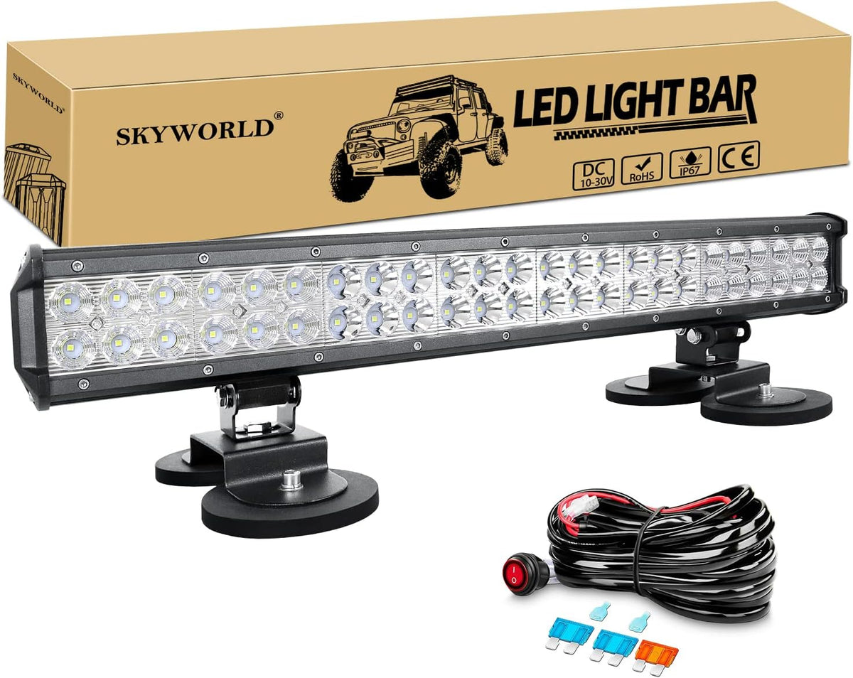 SKYWORLD 23 inch 59 cm 144W led-lichtbalk met 12V kabelboom kit en magnetische houder, waterdicht mistlamp werklamp led light bar voor offroad voertuigen auto vrachtwagens SUV 4x4,6000K