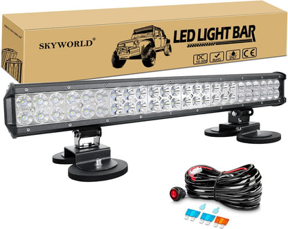 SKYWORLD 23 inch 59 cm 144W led-lichtbalk met 12V kabelboom kit en magnetische houder, waterdicht mistlamp werklamp led light bar voor offroad voertuigen auto vrachtwagens SUV 4x4,6000K