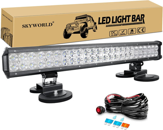 SKYWORLD 23 inch 59 cm 144W led-lichtbalk met 12V kabelboom kit en magnetische houder, waterdicht mistlamp werklamp led light bar voor offroad voertuigen auto vrachtwagens SUV 4x4,6000K