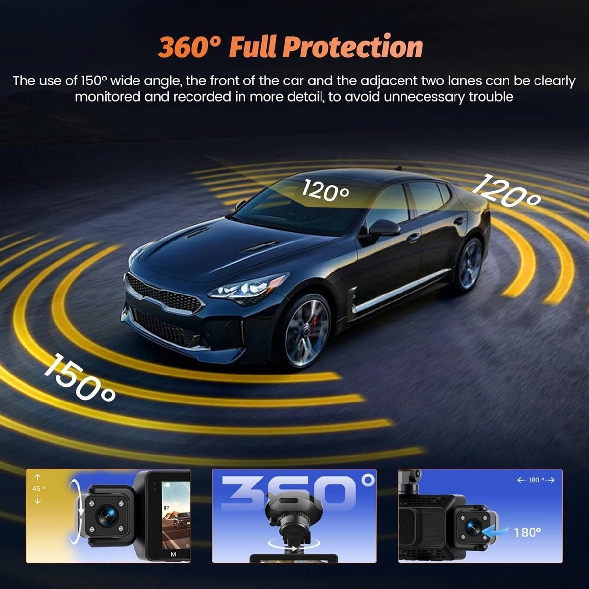 Roinvou 4K+1080P Dash CAM Auto, 5GHz WiFi Dashcam met SD-kaart 64GB, Autobewakingscamera met 3″ IPS-scherm, 170° groothoek, lusopname, G-sensor, nachtzicht