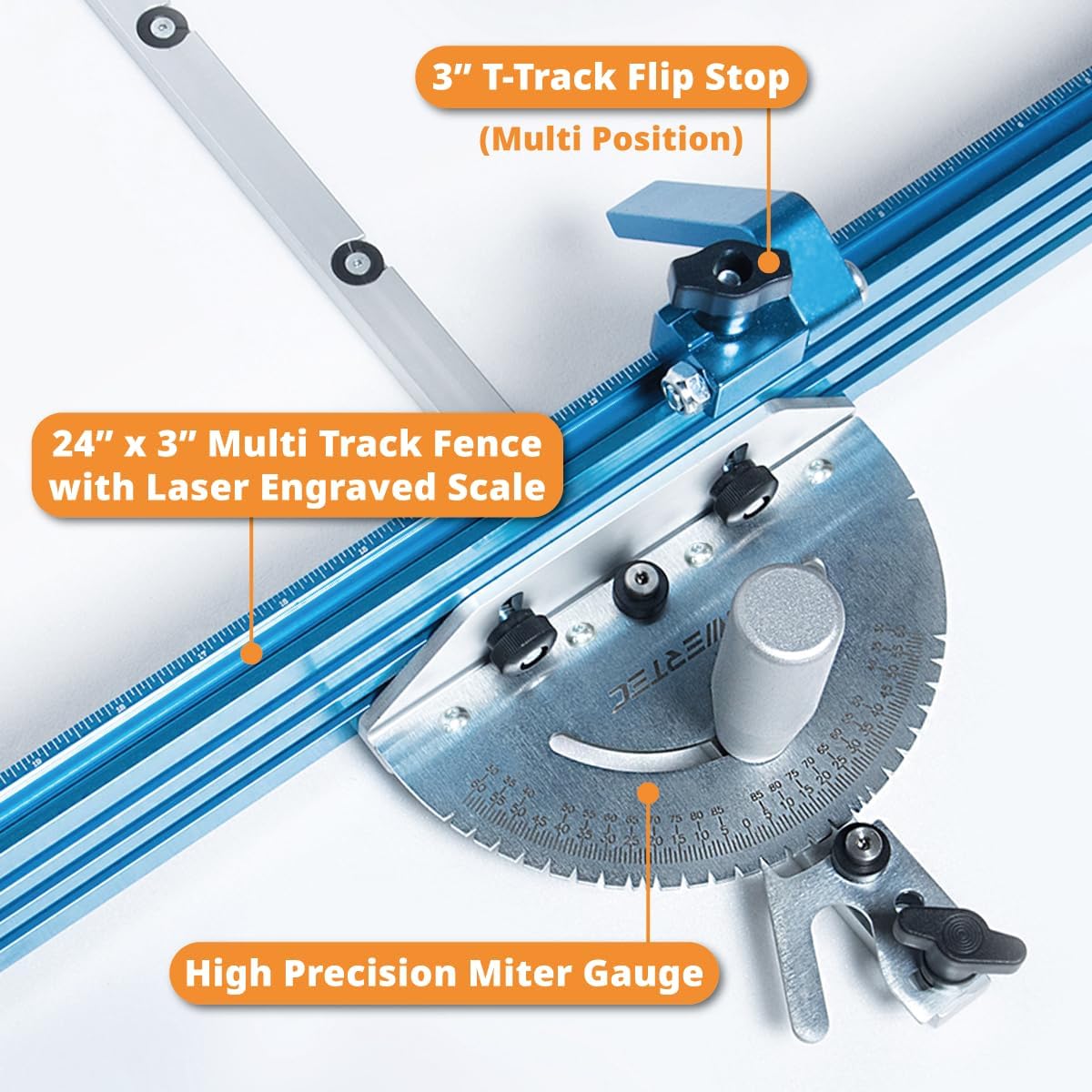 POWERTEC 71391 Tafelzaag Precisie Mijter Gauge Systeem 24" x 3" Multi –Track Fence met 27 Hoekstops