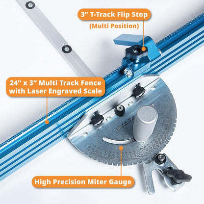 POWERTEC 71391 Tafelzaag Precisie Mijter Gauge Systeem 24" x 3" Multi –Track Fence met 27 Hoekstops
