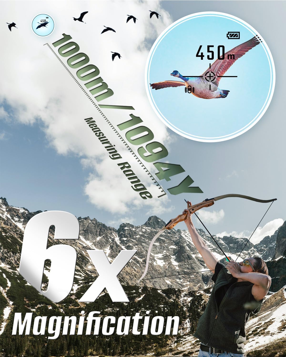 Laserafstandsmeter, Inkerma Jacht Rangefinder, 1000m Afstandsbereik met 6X Vergroting, LCD Display, Hoge Precisie voor Hoek/Snelheid/Scan/Lope Compensatie Meten (Hunter-X)