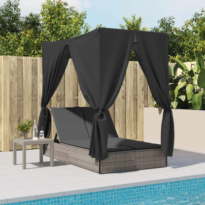 Outdoor Double Sun Lounger with Adjustable Roof and Washable Cushion Made of Weatherproof Synthetic Rattan, for Garden or Patio - QUORE