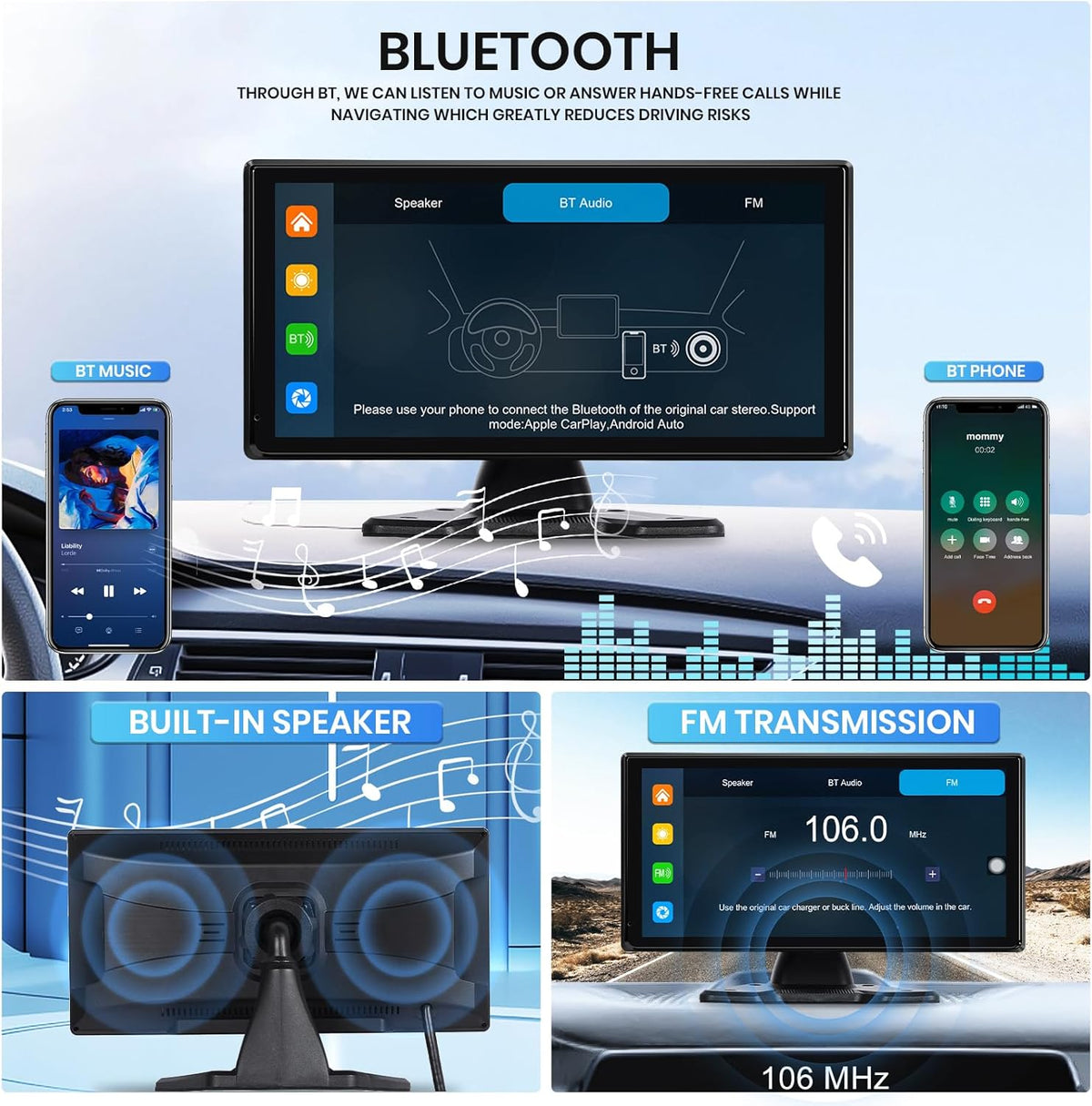 Hodozzy 4k Rear View Camera Set With 4 Ahd Rear Camera Cable, Wireless Carplay Android Auto, 10.36 Inch Touch Screen 4 Split Monitor, Bluetooth, Airplay FM Loop Recording USB/TF, Carplay Screen - QUORE