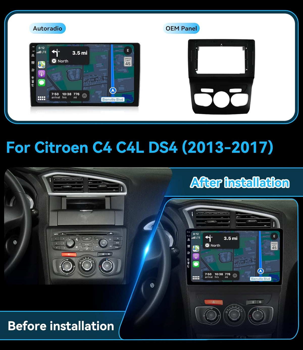 MSD Autoradio Voor Citroen C4 C4L DS4 (2013-2017) | Android 15 GPS Navigation Radio | 4G+64G | CarPlay Android Auto Stuurwiel DAB 4G Dual-Band WiFi DSP Bluetooth 360-CAM | Camera | 2 Din 10.1 Inch