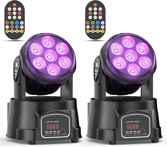 2 stuks 7 x 15 W Moving Head Wash Mini podiumlicht dmx512 RGBW lichteffecten 5 besturingsmodus spot DJ partylicht met afstandsbediening geschikt voor disco, bar, club, bruiloft
