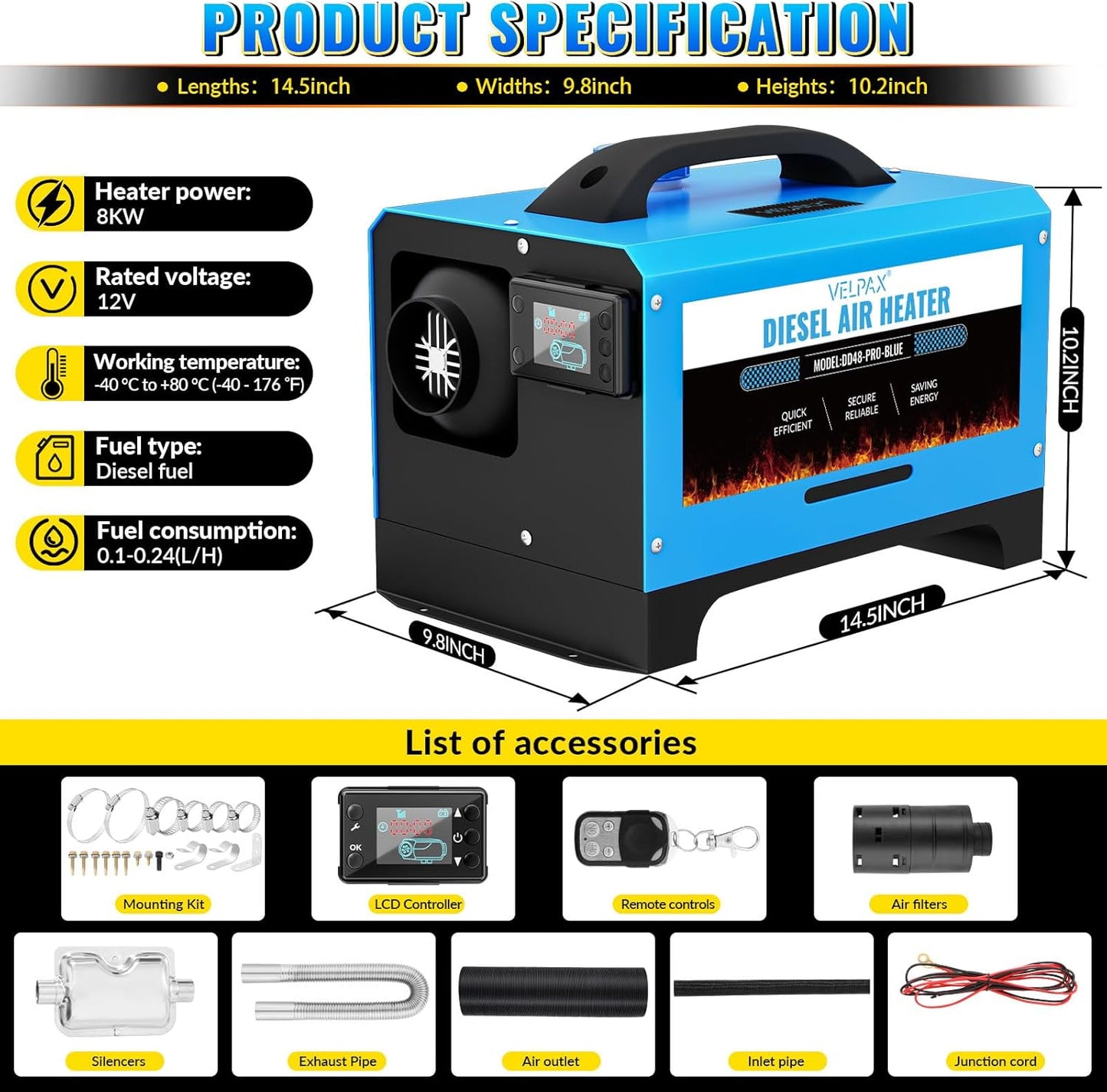 Dieselverwarming 12V – Dieselbijverwarming – Vloerverwarmer – Busverwarming – Vrachtwagenverwarmer – 8 kW Vermogen – LCD Display met Afstandsbediening - QUORE