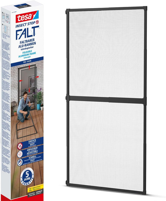 tesa Insect Stop vouwdeur - opvouwbaar aluminium frame met vliegengaas voor deuren - met verstelbaar telescopisch frame - antraciet - 80 cm x 170 cm tot 100 x cm x 220 cm