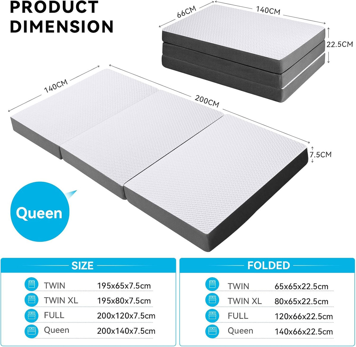 Vouwmatras, 140 x 200 x 7,5 cm, 3-delige vouwmatras, campingmatras, logeerbed, vloermatras, gastenmatras, veldbed, opklapbed