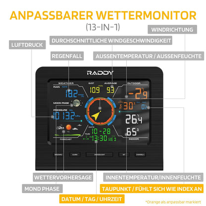 Raddy WF-100C Lite 13-IN-1 Draadloos weerstation voor binnen en buiten met temperatuur, luchtdruk, vochtigheid, anemometer, regenmeter, weersvoorspelling, voor huis, tuin