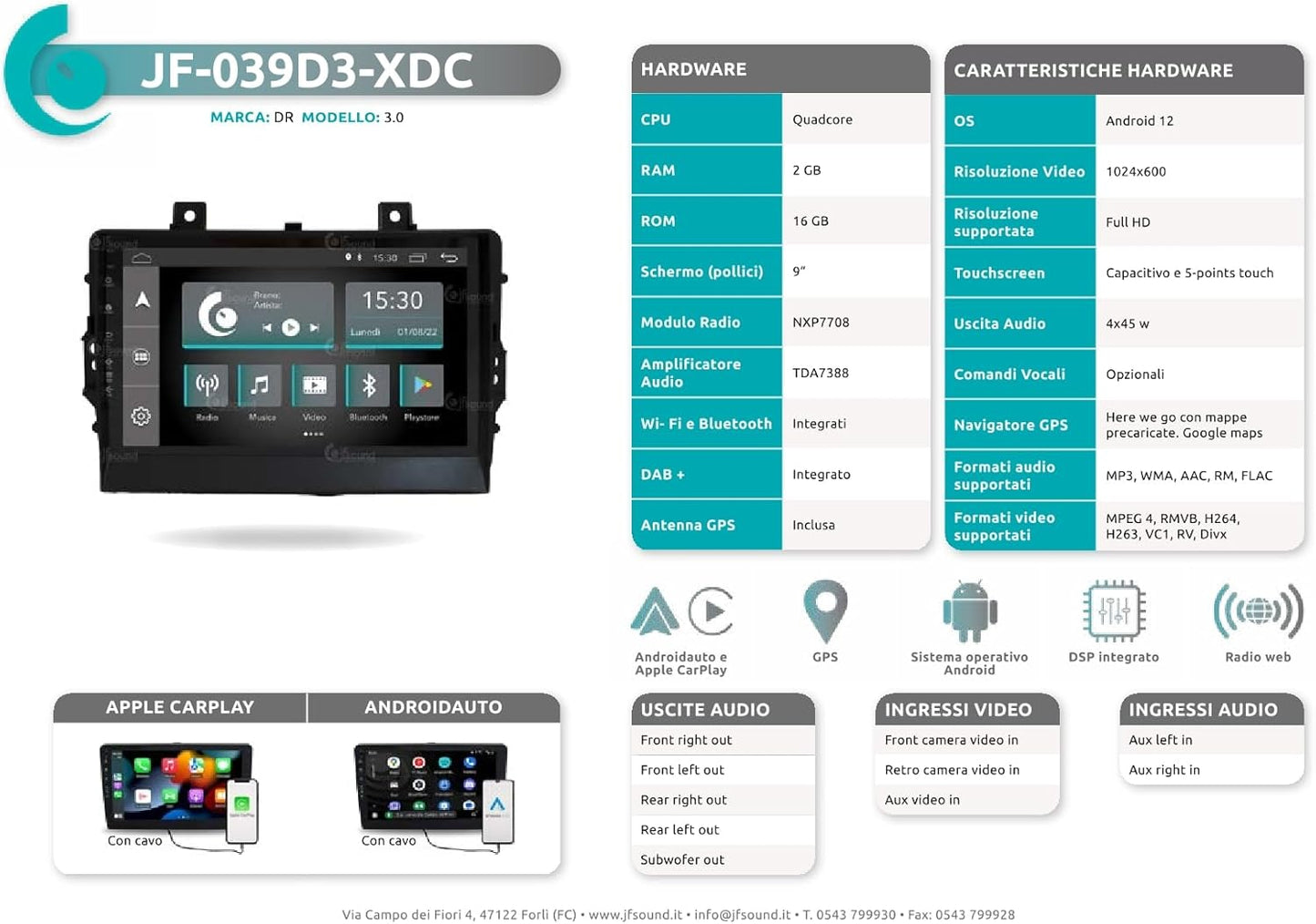 Autoradio DR 3 – Multimedia Radio – Navigatiesysteem – Inbouw Autoradio – Bluetooth Radio – 9 Inch Touchscreen – Android GPS & CarPlay Integratie